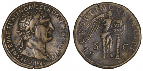 Trajan (98-117). Sesterce 107, Rome.

RIC.528 - C.454 ; Bronze - 25,65 g - 33 mm - 6 h

Patine hétérogène marron sur l’orichalque. TTB.