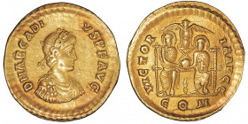 Arcadius (395-408). Solidus 383-385, Milan.

RIC.8c ; Or - 4,48 g - 21 mm - 12 h

Légère patine dorée. Très légers plats sur les hauts reliefs. Su...