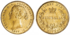 Victoria (1837-1901). Souverain 1866, Sydney.

Fr.10 ; Or - 7,98 g - 22 mm - 6 h

PCGS MS61 (36702099). Superbe.