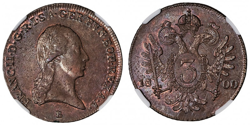 François II (1792-1835). 3 Kreuzer 1800, B, Kremnitz.

KM.2115.3 ; Cuivre - 8,...