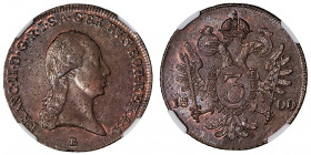 François II (1792-1835). 3 Kreuzer 1800, B, Kremnitz.

KM.2115.3 ; Cuivre - 8,75 g - 29,5 mm - 12 h

NGC MS 61 BN (5950808-001). Superbe.