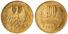 République (1918-1938). 100 schilling 1934, Vienne.

Fr.520 ; Or - 32,5 mm - 12 h

PCGS PL62 (31383180). Une griffe à l’avers en haut à droite du ...