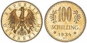 République (1918-1938). 100 schilling 1934, Vienne.

Fr.520 ; Or - 23,53 g - 32,5 mm - 12 h

Superbe.