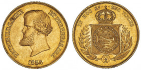 Pierre II (1831-1889). 10000 réis 1854, Rio de Janeiro.

Fr.122 ; Or - 8,93 g - 23 mm - 6 h

TTB à Superbe.