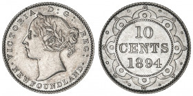 Victoria (1837-1901). 10 cent Newfoundland 1894.

KM.3 ; Argent - 2,35 g - 18 mm - 6 h

Exemplaire nettoyé. TTB.