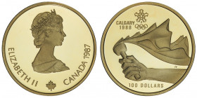 Élisabeth II (depuis 1952). 100 dollars 1987.

Fr.18 ; Or - 13,35 g - 27 mm - 12 h

Flan bruni. Fleur de coin.
