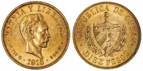 République. 10 pesos 1915, Philadelphie.

Fr.3 ; Or - 16,71 g - 26,5 mm - 6 h

NGC MS 61 (611762-009). Superbe.