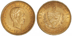 République. 10 pesos 1916, Philadelphie.

Fr.3 ; Or - 16,68 g - 26,5 mm - 6 h

Un choc sur la tranche à 6 h. au revers. Superbe.