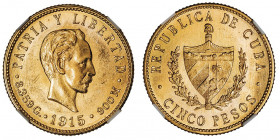 République. 5 pesos 1915, Philadelphie.

Fr.4 ; Or - 8,35 g - 21,5 mm - 6 h

NGC MS 63 (3557440-010). Superbe à Fleur de coin.