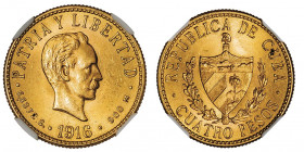 République. 4 pesos 1916, Philadelphie.

Fr.5 ; Or - 6,68 g - 19 mm - 6 h

NGC MS 63 (2025651-021). Superbe à Fleur de coin.