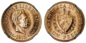 République. 1 peso 1915, Philadelphie.

Fr.7 ; Or - 1,67 g - 14 mm - 6 h

NGC MS 64 (2783782-001). Superbe à Fleur de coin.