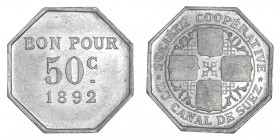 Canal de Suez. 50 centimes Société Coopérative 1892, Paris.

Lec.15 ; Aluminium - 1,58 g - 24,5 mm - 12 h

Superbe.