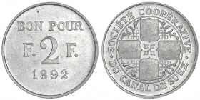 Canal de Suez. 2 francs Société Coopérative 1892, Paris.

Lec.17 ; Aluminium - 1,61 g - 26 mm - 9 h

Frappe décalée à 9 h. Superbe.