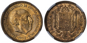 Espagne franquiste (1936-1977). 1 peseta 1953 (60), Madrid.

KM.775 ; Bronze-aluminium - 3,50 g - 21 mm - 6 h

NGC UNC DETAILS OBV CLEANED (594912...