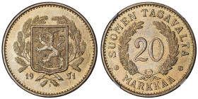 République. 20 markkaa 1931 S.

KM.32 ; Bronze-aluminium - 13 g - 31 mm - 12 h

NGC MS 64 (5949116-039). Superbe à Fleur de coin.