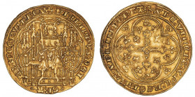 Philippe VI (1328-1350). Écu d’or à la chaise ND (1337-1343).

Dy.249 - Fr.270 ; Or - 4,51 g - 30 mm - 4 h

Flan large. Avers du Dy.249A et revers...