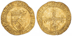 Charles VIII (1483-1498). Écu d’or 1ère émission ND (1483), Paris.

Dy.575 - Fr.318 ; Or - 3,35 g - 27 mm - 7 h

Flan fissuré à 7 h. TB.
