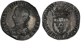 Charles IX (1560-1574). Teston, 4e type 1562, D, Lyon.

Dy.1071 - Sb.4618 ; Argent - 9,35 g - 27 mm - 2 h

Léger graffiti au revers à droite de l’...