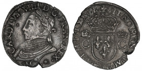 Henri III (1574-1589). Teston, 8e type 1575, M, Toulouse.

Dy.1104 ; Argent - 9,42 g - 28,5 mm - 2 h

Frappe au nom de Charles IX. Flan éclaté à 6...