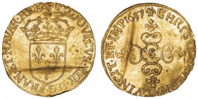 Louis XIII (1610-1643). Écu d’or au soleil, 1er type 1637, S, Troyes.

Dy.1282 - G.55 - Fr.398 ; Or - 3,34 g - 25 mm - 9 h

Rare millésime. Différ...