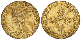 Louis XIV (1643-1715). Écu d’or au soleil 1646, A, Paris.

Dy.1416 - G.232 - Fr.412a ; Or - 3,34 g - 23 mm - 6 h

Type peu courant. Légèrement pli...