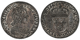 Louis XIV (1643-1715). Quart d’écu à la mèche courte 1645/4, A, Paris (rose).

Dy.1463 - G.139 ; Argent - 6,75 g - 27 mm - 6 h

Rare variété avec ...