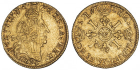 Louis XIV (1643-1715). Louis d’or aux quatre L 1694, W, Lille.

Dy.1440A - G.252 - Fr.433 ; Or - 6,75 g - 24 mm - 6 h

Flan réformé. TB.