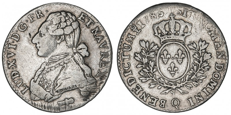 Louis XVI (1774-1792). Cinquième d’écu aux rameaux d’olivier 1785, Q, Perpignan....