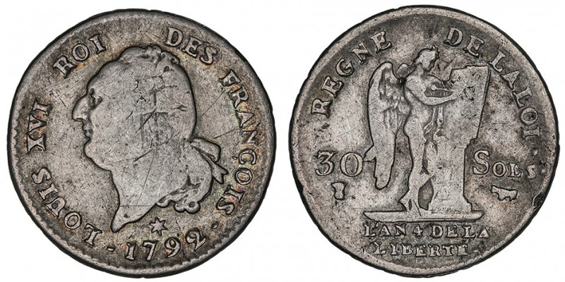 Constitution (1791-1792). 30 sols FRANÇOIS 1792, Pau.

Dy.1720 - G.39 ; Argent...