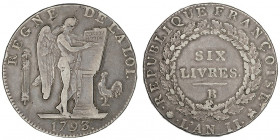 Convention (1792-1795). Écu de 6 livres FRANÇOISE 1793, B, Rouen.

G.58 ; Argent - 29,19 g - 39 mm - 6 h

Presque TTB.