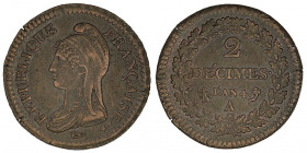 Directoire (1795-1799). 2 décimes Dupré An 4 (1795), A, Paris.

G.300 - F.145 ; Cuivre - 22,47 g - 33 mm - 6 h

Frappe forte sur flan large de 33 ...