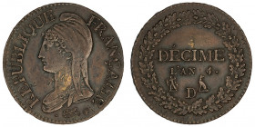 Directoire (1795-1799). Décime Dupré, petit module An 4 (1795), D, Lyon.

G.184 - F.126 ; Cuivre - 10,09 g - 28 mm - 6 h

Millésime rare sur un ty...