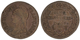 Directoire (1795-1799). Cinq centimes Dupré An 5 (1796), W, Lille.

G.126 - F.115 ; Cuivre - 10,64 g - 28 mm - 6 h

Belle qualité pour le type. Co...