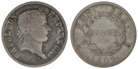 Premier Empire / Napoléon Ier (1804-1814). Quart de franc tête laurée, Empire français 1809, A, Paris.

G.350 - F.162 ; Argent - 1,22 g - 15 mm - 6 ...