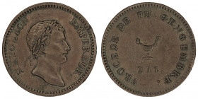 Premier Empire / Napoléon Ier (1804-1814). Module du 1/4 franc à la lampe An XII (1804), Paris.

G.345 ; Bronze - 0,81 g - 15 mm - 6 h

Une marque...