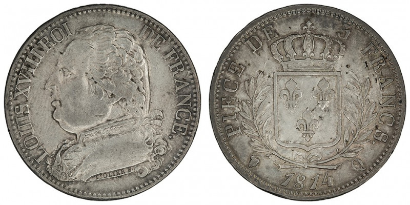 Louis XVIII (1814-1824). 5 francs buste habillé 1814, Q, Perpignan.

G.591 - F...