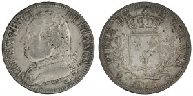 Louis XVIII (1814-1824). 5 francs buste habillé 1814, Q, Perpignan.

G.591 - F.308 ; Argent - 24,94 g - 37 mm - 6 h

Beau TTB.