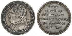Louis XVIII (1814-1824). Module de 5 francs, visite de la Monnaie de Marseille le 4 octobre 1814, Marseille.

G.593 - Maz.801a ; Argent - 24,81 g - ...