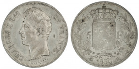 Charles X (1824-1830). 5 francs 1830, A, Paris.

G.644 - F.311 ; Argent - 25 g - 37 mm - 6 h

Listel ébréché, surplus de métal à droite du portrai...