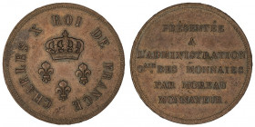 Charles X (1824-1830). Essai au module de 2 francs par Moreau 1824, Paris.

Maz.899a - VG.2611 ; Bronze - 8,38 g - 27 mm - 6 h

TTB à Superbe.