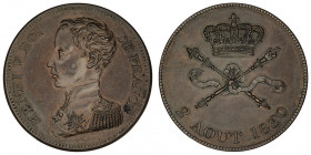 Henri V (1820-1883). Module de 5 francs 1830, Bruxelles (Würden).

G.649 ; Bronze - 21,49 g - 37 mm - 12 h

Joli essai en bronze. Quelques marques...