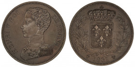 Henri V (1820-1883). 5 francs 1831, Bruxelles (Würden).

G.651 ; Bronze - 23,51 g - 37 mm - 6 h

Rare essai en bronze avec tranche lisse. Superbe....