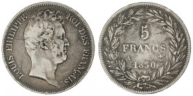 Louis-Philippe Ier (1830-1848). 5 francs sans le I, tranche en relief 1830, A, Paris.

G.675a - F.314 ; Argent - 24,67 g - 37 mm - 6 h

Type peu c...
