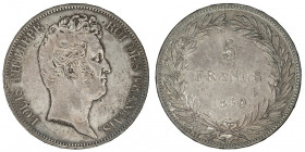 Louis-Philippe Ier (1830-1848). 5 francs sans le I, tranche en relief 1830, A, Paris.

G.675a - F.314 ; Argent - 24,80 g - 37 mm - 6 h

Belle qual...