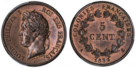 Louis-Philippe Ier (1830-1848). 5 centimes pour les colonies françaises (Guadeloupe) 1839, A, Paris.

KM.12 - Lec.308 ; Bronze - 10 g - 27 mm - 6 h...