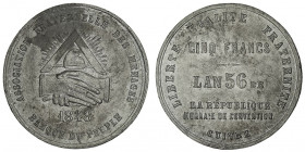 IIe République (1848-1852). 5 francs de la Banque du peuple 1848, Paris.

Maz.1397 v. - VG.3210 v. ; Étain - 20 g - 35,5 mm - 6 h

Frappe en étain...