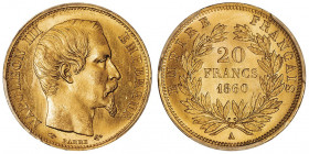 Second Empire / Napoléon III (1852-1870). 20 francs tête nue 1860, A, Paris.

G.1061 - F.531 - Fr.584 ; Or - 6,45 g - 21 mm - 6 h

PCGS MS63 (8385...