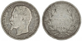 Second Empire / Napoléon III (1852-1870). 2 francs Napoléon III, tête nue 1854, A, Paris.

G.523 - F.262 ; Argent - 9,86 g - 27 mm - 6 h

Module p...