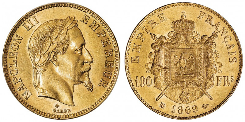 Second Empire / Napoléon III (1852-1870). 100 francs tête laurée 1869, BB, Stras...