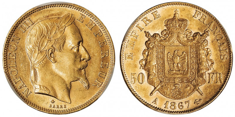 Second Empire / Napoléon III (1852-1870). 50 francs tête laurée 1867, A, Paris....